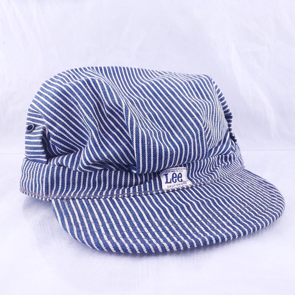Vintage Lee Denim Conductor Hat Railroad Stripe Engineer Cap Union Made USA
